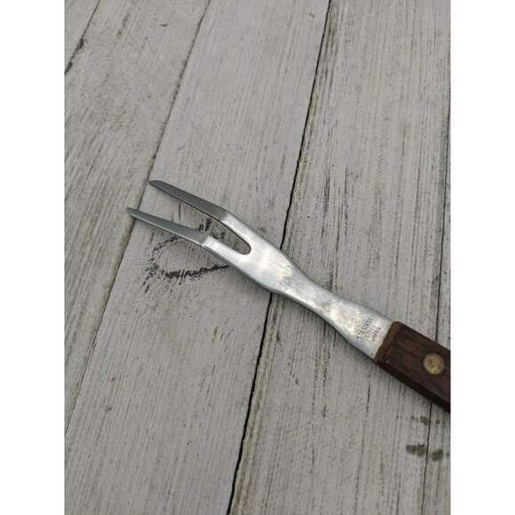 2 Prong Tine Meat Serving Fork Wood 7 1/2" Stainless Steel Bank Advertising - Picture 6 of 6